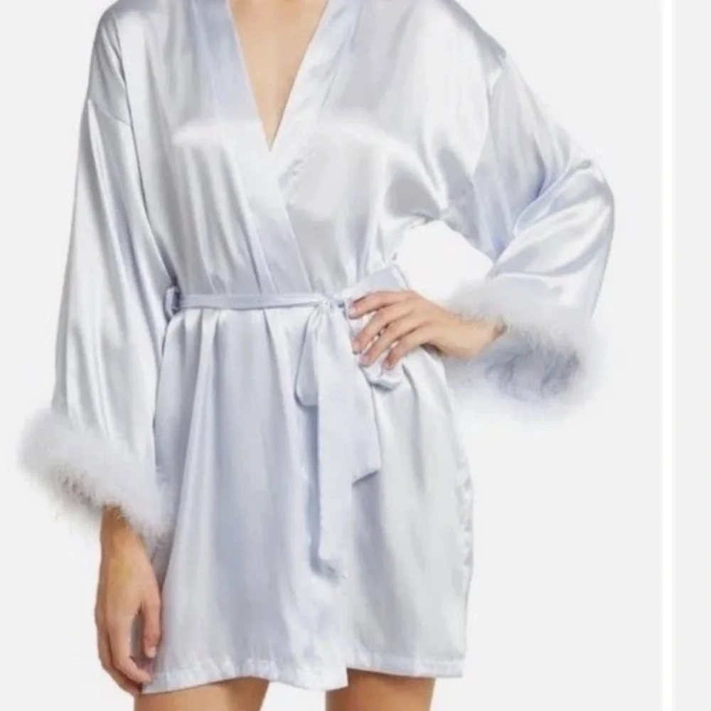 Elegant light Blue Satin Robe and Chemise with Feather Trim